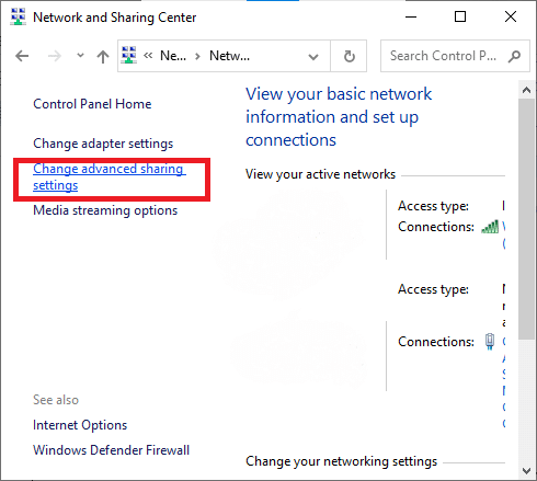 Klik nu på Skift avancerede delingsindstillinger i menuen til venstre | Windows 10-netværksdeling virker ikke - rettet