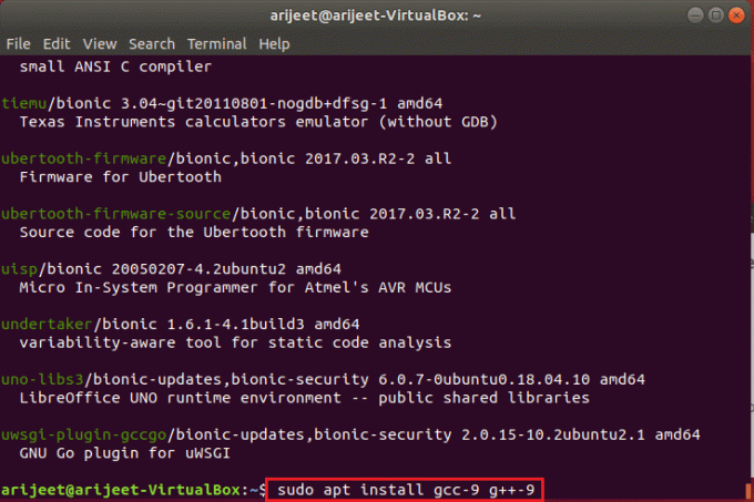 შეასრულეთ ბრძანება, რომ დააინსტალიროთ gcc ვერსია 9 ubuntu linux ტერმინალში