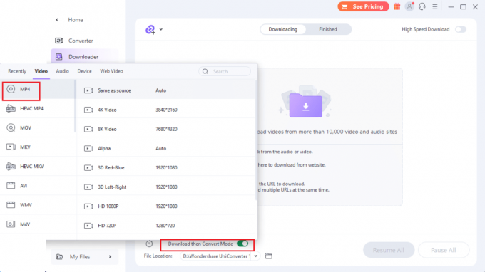 укључите режим за преузимање, а затим конвертујте и изаберите МП4 у Вондерсхаре УниЦонвертер-у