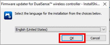 คลิกตกลงในกล่องโต้ตอบตัวอัปเดตเฟิร์มแวร์สำหรับ DualSense