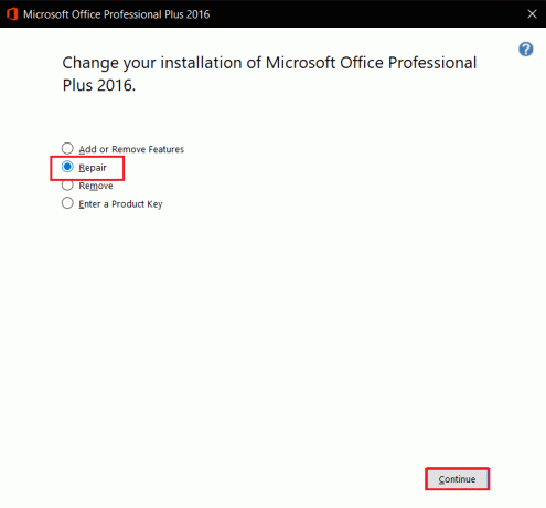 wybierz opcję Napraw i kliknij Kontynuuj w pakiecie Microsoft Office. Napraw błąd uprawnień do pliku Word w systemie Windows 10