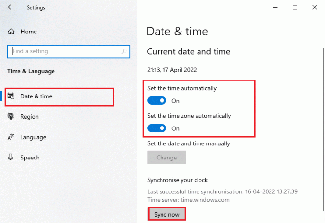 Em seguida, na guia Data e hora, verifique se as opções Definir a hora automaticamente e Definir o fuso horário automaticamente estão ativadas