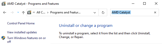 Programs and Features-verktøyet åpnes og søker nå etter AMD Catalyst.