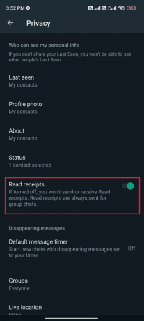 ieslēdziet Lasīšanas kvītis. Labojiet WhatsApp statusu, kas netiek rādīts