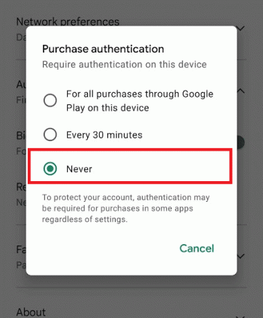 Odaberite polje Nikad. Ispravite pogrešku Google Play Authentication is Required na Androidu