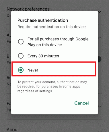 Selectați câmpul Niciodată. Remediați eroarea de autentificare Google Play este necesară pe Android
