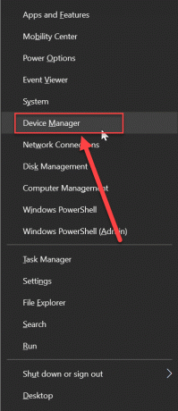 Ανοίξτε το μενού του παραθύρου μέσω του πλήκτρου συντόμευσης " Windows + x". Τώρα επιλέξτε τη διαχείριση συσκευών από τη λίστα.