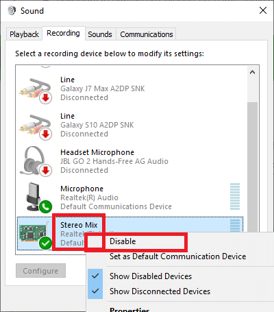 . Napsauta hiiren kakkospainikkeella Stereo Mix -vaihtoehtoa ja valitse Poista käytöstä | Korjattu: Discord poimii pelin äänivirheen