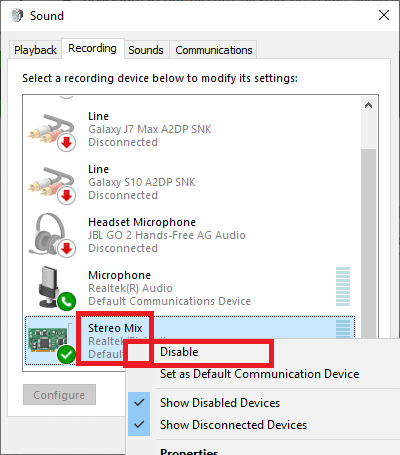 . คลิกขวาที่ตัวเลือก Stereo Mix และเลือก Disable | แก้ไข: Discord Pick up Game Audio Error