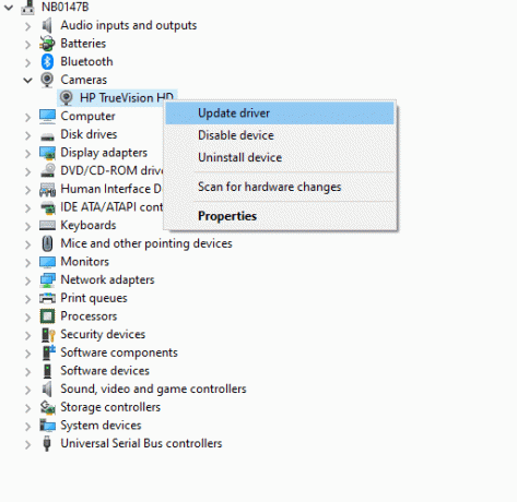 clique com o botão direito do mouse no driver, diga HP TrueVision HD e selecione Atualizar driver. 