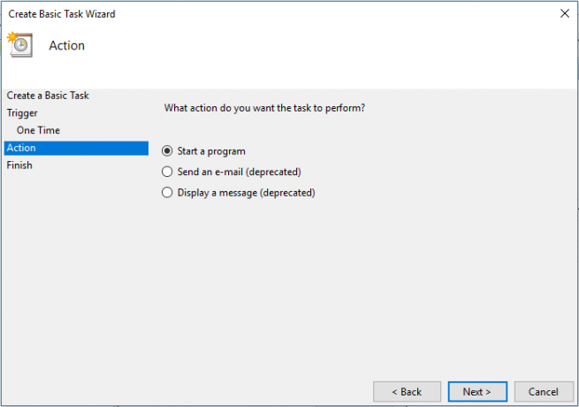 Välj alternativet Starta ett program och klicka på Nästa | Ställ in automatisk avstängning i Windows 10