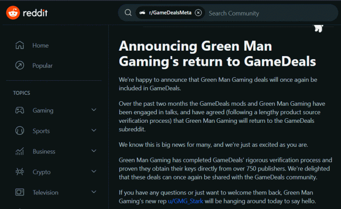 Postagem do Reddit sobre o retorno do Green Man Gaming