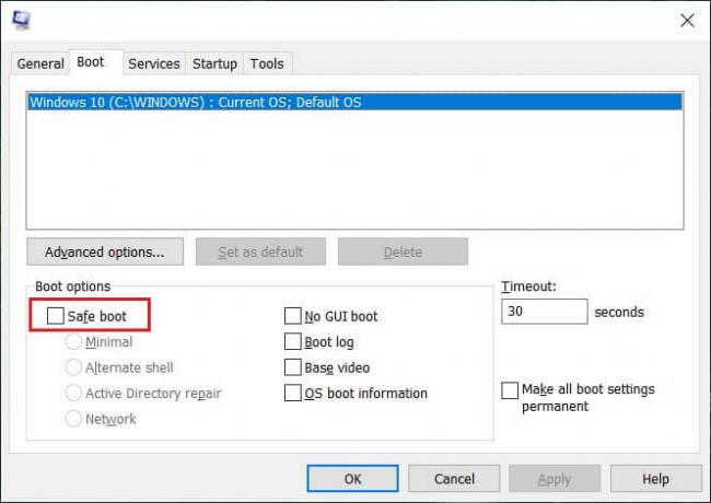 สลับไปที่แท็บบูตและทำเครื่องหมายที่ตัวเลือก Safe Boot