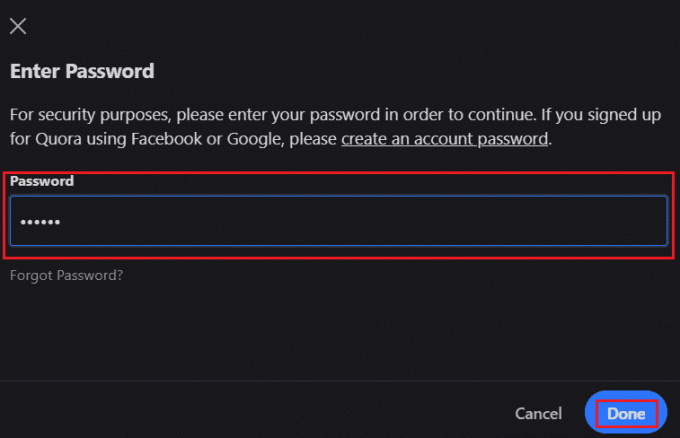 Введите свой пароль и нажмите «Готово», чтобы навсегда удалить свою учетную запись.