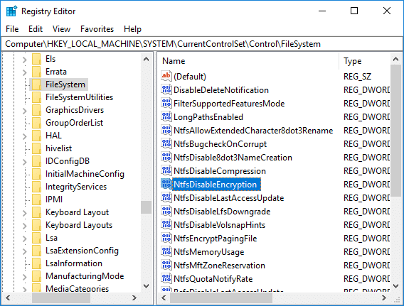 Selezionare FileSystem quindi nel riquadro della finestra di destra fare doppio clic su NtfsDisableEncryption DWORD