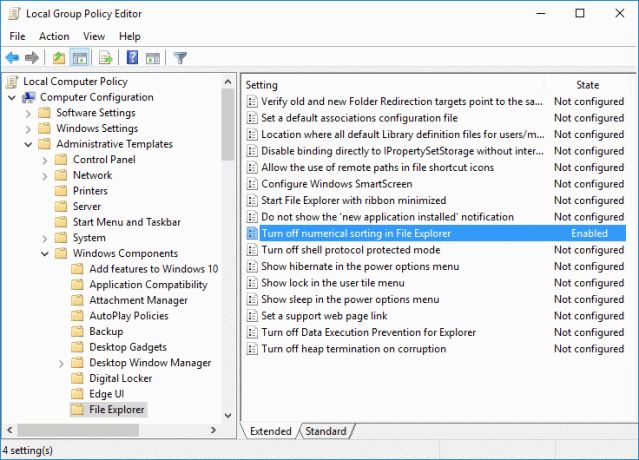 Kaksoisnapsauta Poista numeerinen lajittelu käytöstä File Explorer -käytännössä