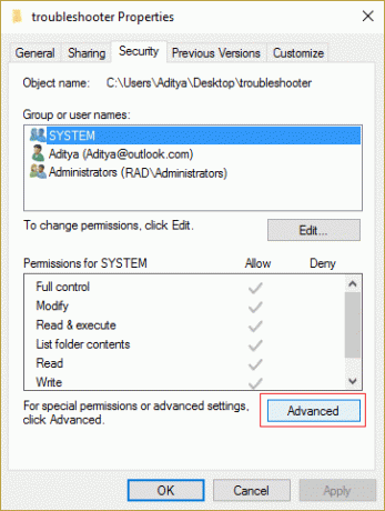 växla till säkerhetsfliken och klicka på Avancerat | Åtgärda File Explorer-kraschproblem i Windows 10