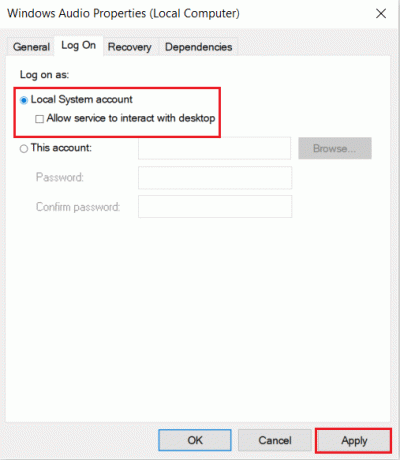 виберіть параметр локального системного облікового запису на вкладці Вхід в систему Windows Audio Properties і натисніть кнопку Застосувати, щоб зберегти зміни