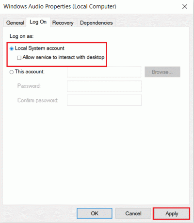 „Windows Audio Properties“ skirtuke „Prisijungti“ pasirinkite vietinės sistemos paskyros parinktį ir spustelėkite Taikyti, kad išsaugotumėte pakeitimus