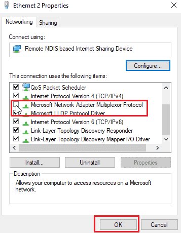 noklikšķiniet uz Microsoft tīkla adaptera multipleksora protokola