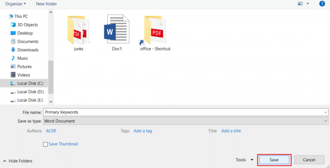 кликните на Сачувај да бисте сачували Ворд документ