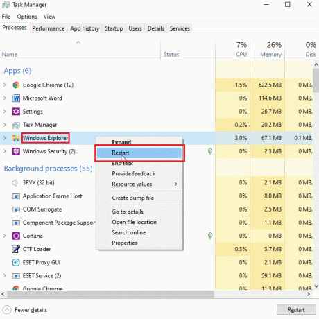 Wählen Sie Windows Explorer und klicken Sie mit der rechten Maustaste und klicken Sie auf Neustart
