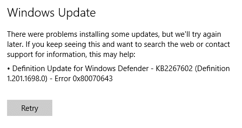 Korjaa Windows Defender Update epäonnistuu virheellä 0x80070643