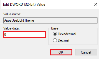 Zmień dane wartości na 0 i kliknij OK. Napraw ciemny motyw Eksploratora plików nie działa w systemie Windows 10