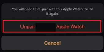 Confirme selecionando Desemparelhar (Nome) Apple Watch.