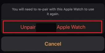 אשר על ידי בחירה בבטל התאמה (שם) של Apple Watch.