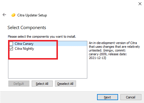 Pažymėkite abu langelius „Citra Canary“, „Citra Nightly“ arba pažymėkite bet kurį iš jų