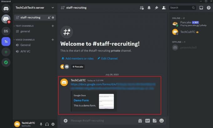 Stlačte kombináciu klávesov Ctrl + V a stlačte kláves Enter na zdieľanie formulára so žiadateľmi na tomto serveri | Ako vytvoriť aplikáciu Discord Staff