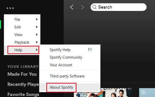 ir a ayuda y luego seleccionar acerca de Spotify en la aplicación Spotify |