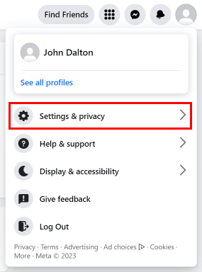 Faceți clic pe opțiunea Setări și confidențialitate din meniu. | Cum să vezi postările șterse prietenilor pe Facebook