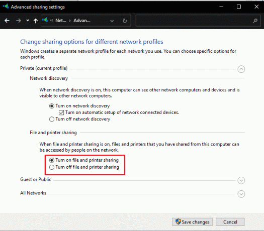 Tada spustelėkite Įjungti failų ir spausdintuvų bendrinimo funkciją, kad įjungtumėte. Pataisykite kompiuterius, kurie nerodomi tinkle sistemoje „Windows 10“.