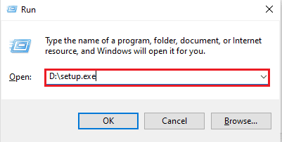 Geben Sie D setup.exe in das Dialogfeld Ausführen ein. Beheben Sie den VMware Tools-Upgrade-Fehlercode 21001 in Windows 10