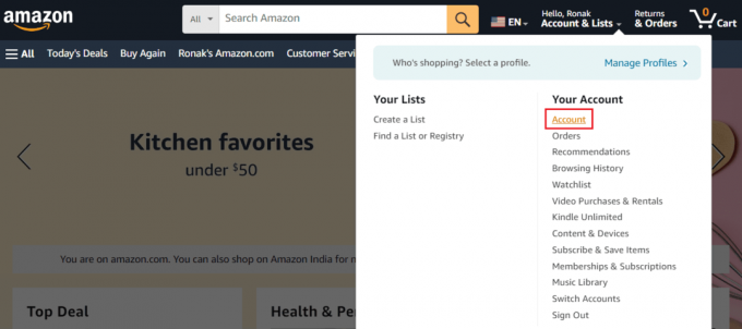 Преместете курсора на потребителското си име до лентата за търсене и изберете Акаунт. Amazon Prime 7031