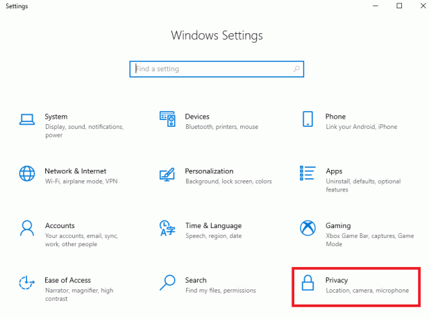 Velg nå alternativet Personvern fra vinduet Windows-innstillinger
