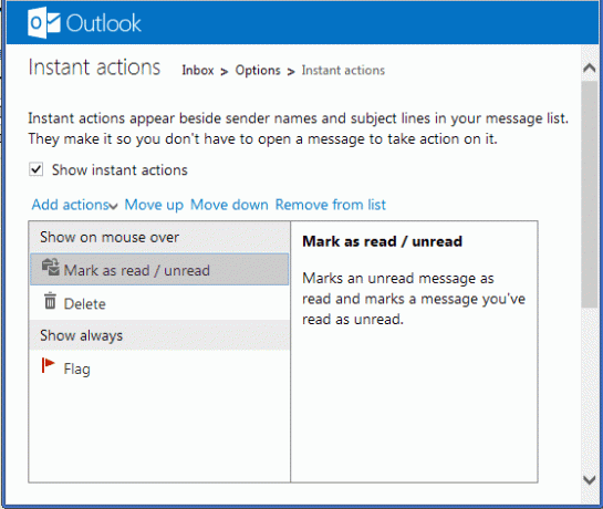 Outlook Instant Actions-Optionen