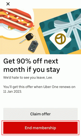 रद्दीकरण की पुष्टि करने के लिए अगली स्क्रीन पर सदस्यता समाप्त करें विकल्प पर टैप करें मैं अपनी Uber सदस्यता कैसे रद्द करूँ