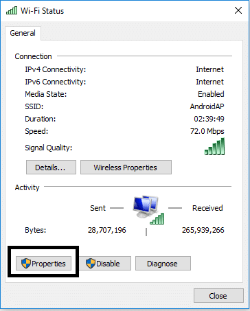 รับหน้าต่างป๊อปคลิกที่ Properties | แก้ไขข้อผิดพลาด Enter Network Credentials บน Windows 10