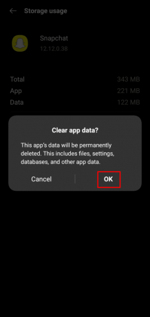 Toque em OK para limpar os dados do aplicativo Snapchat em seu dispositivo Android.