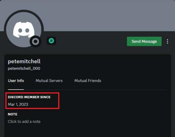 Para verificar la edad de la cuenta de otros o la fecha de creación, haga clic en su nombre de usuario desde un chat o servidor y busque la fecha de creación de la cuenta en la sección MIEMBRO DE DISCORD DESDE