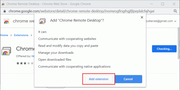 กล่องโต้ตอบที่ขอให้คุณยืนยันเพื่อเพิ่ม Chrome Remote Desktop จะปรากฏขึ้น