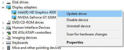 Разгънете Display adapters и след това щракнете с десния бутон върху интегрираната графична карта и изберете Update Driver