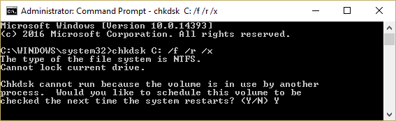 запустити перевірку диска chkdsk C: f r x