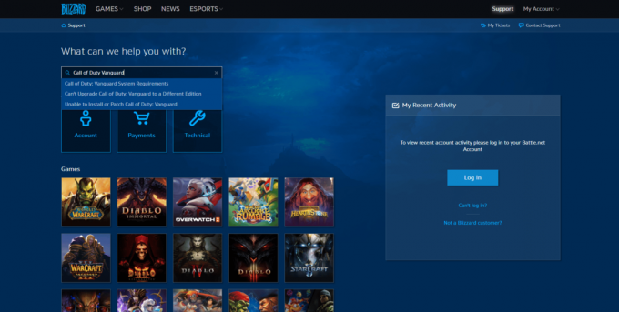 Stranica podrške za Blizzard