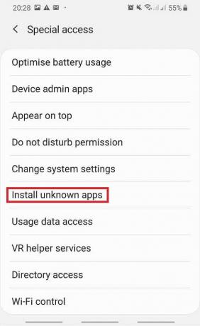 목록에서 알 수 없는 앱 설치 옵션을 선택합니다.