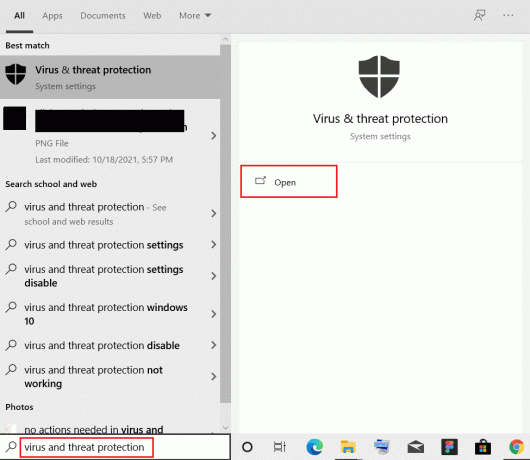 Geben Sie Virus und Schutz in die Windows-Suchleiste ein und klicken Sie auf Öffnen