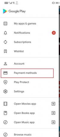 Scrolla ner och klicka på Betalningsmetoder | Fix transaktion kan inte slutföras i Google Play Butik